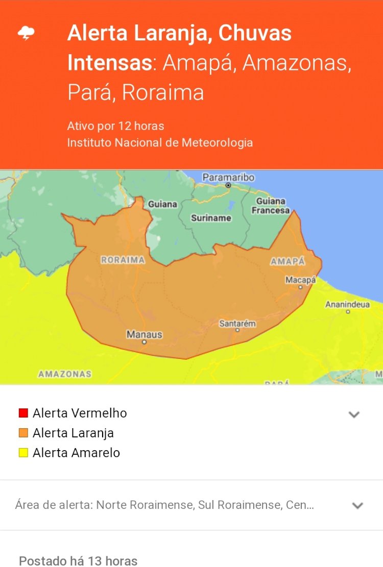 Inmet faz "alerta laranja" indicando que chuvas intensas podem atingir Manaus