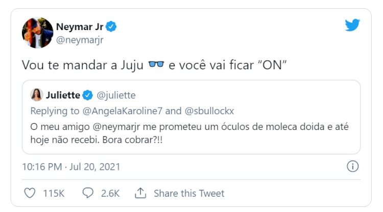 A amizade tá on: Neymar presenteia Juliette com óculos juliet