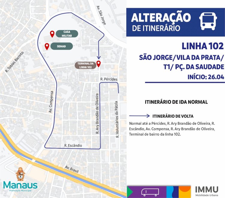 Prefeitura de Manaus altera itinerário da linha 102 para atender avenida Compensa