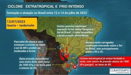 Ciclone deve se formar no Sul do país e provocar ventos de até 120 km/h e risco de granizo na região