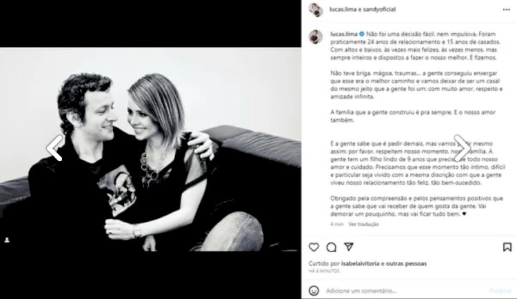 Sandy e Lucas Lima anunciam separação após 24 anos juntos: 'A família que a gente construiu é pra sempre'