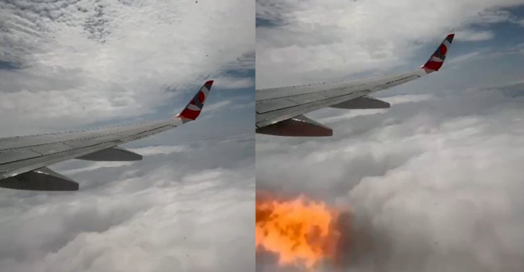 Passageira flagra explosão em motor de avião durante voo e se desespera: 'Estourou'; vídeo