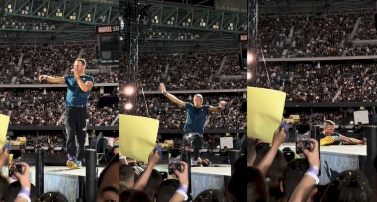 Chris Martin cai no palco durante show do Coldplay na Austrália