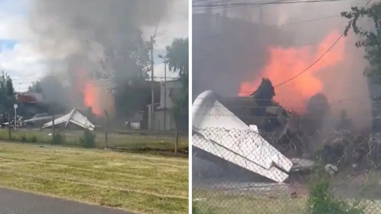 Vídeo: avião particular não consegue frear, bate em casas e pega fogo na Argentina; duas pessoas morreram