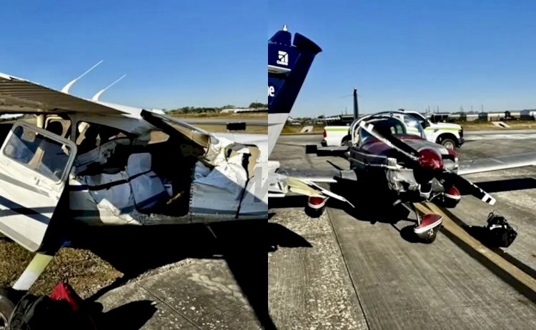 VÍDEO: Com pane elétrica, piloto consegue fazer pouso de emergência, mas bate contra outra aeronave em solo