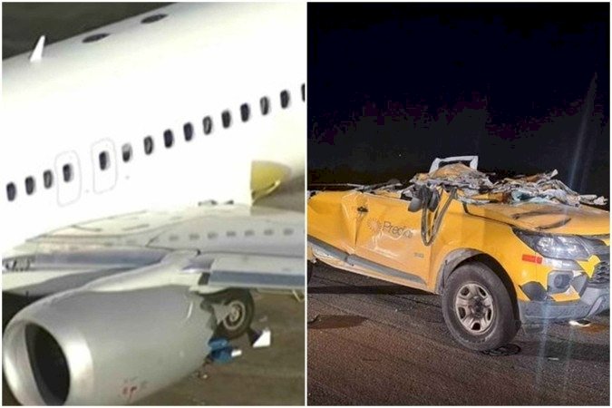 Veja como ficou avião da Gol e cabine de caminhonete após colisão durante decolagem no Galeão